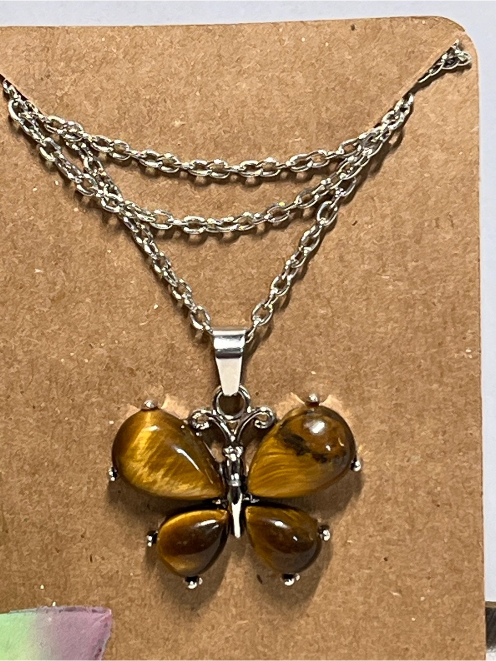 Tiger Eye Butterfly Pendant Necklace Silver Tone Brown Gemstone NEW
